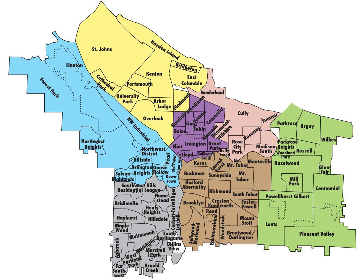 kort af Portland og de omkringliggende områder